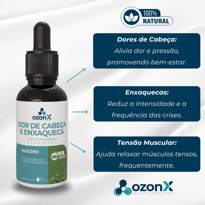 Dor de Cabeça e Enxaqueca: Óleo De Alecrim Ozonizado - 30ml - 100% Natural