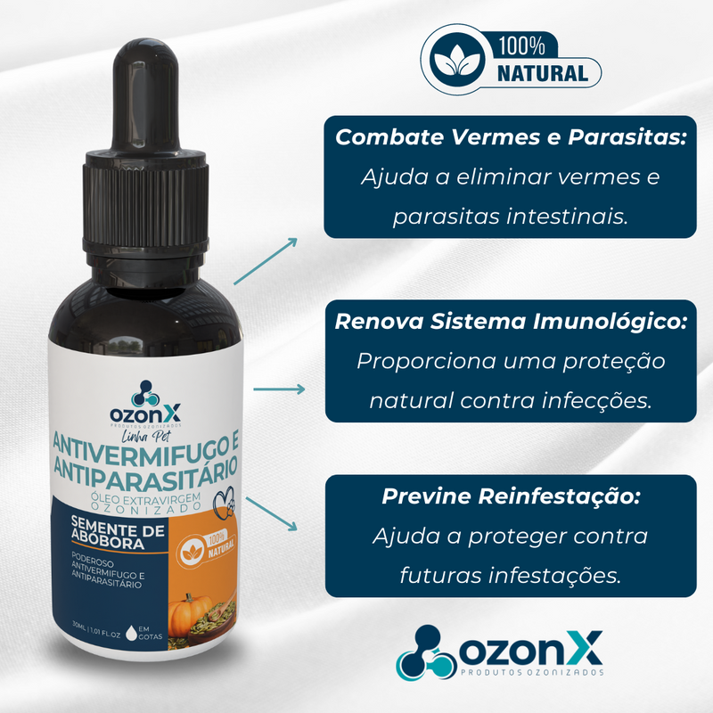 PET Anti Vermífugo e Parasita: Óleo De Semente De Abóbora Ozonizado Animal  - 30ml - 100% natural