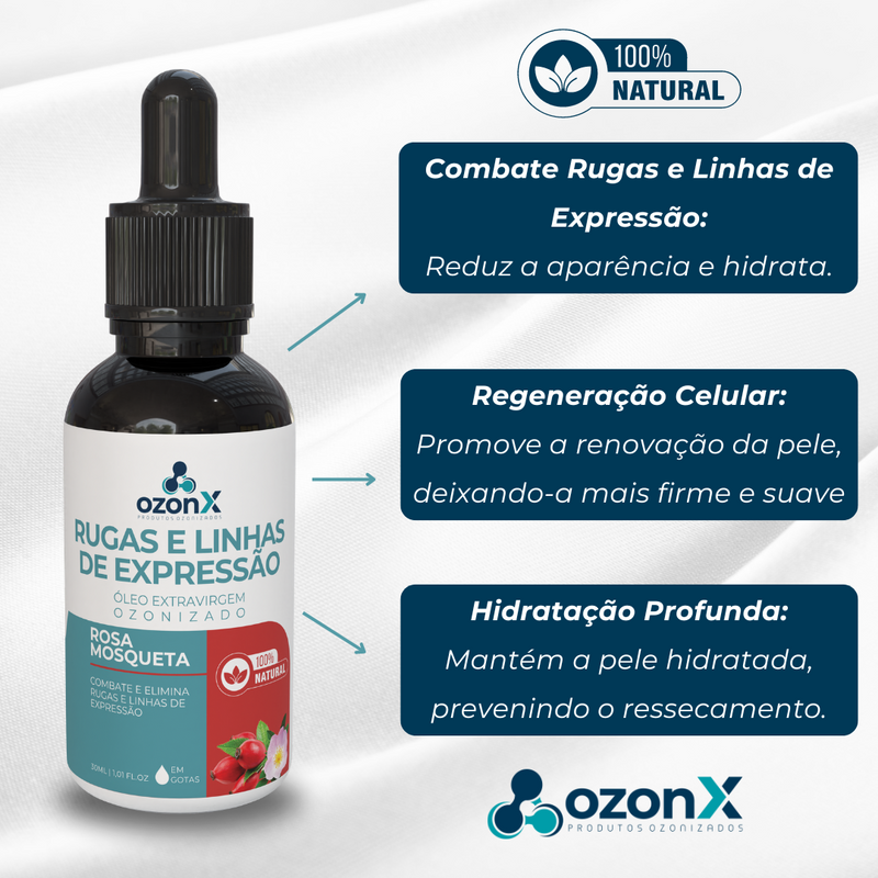 Rugas e Linhas Expressão: Óleo De Rosa Mosqueta Ozonizado - 30ml - 100% Natural